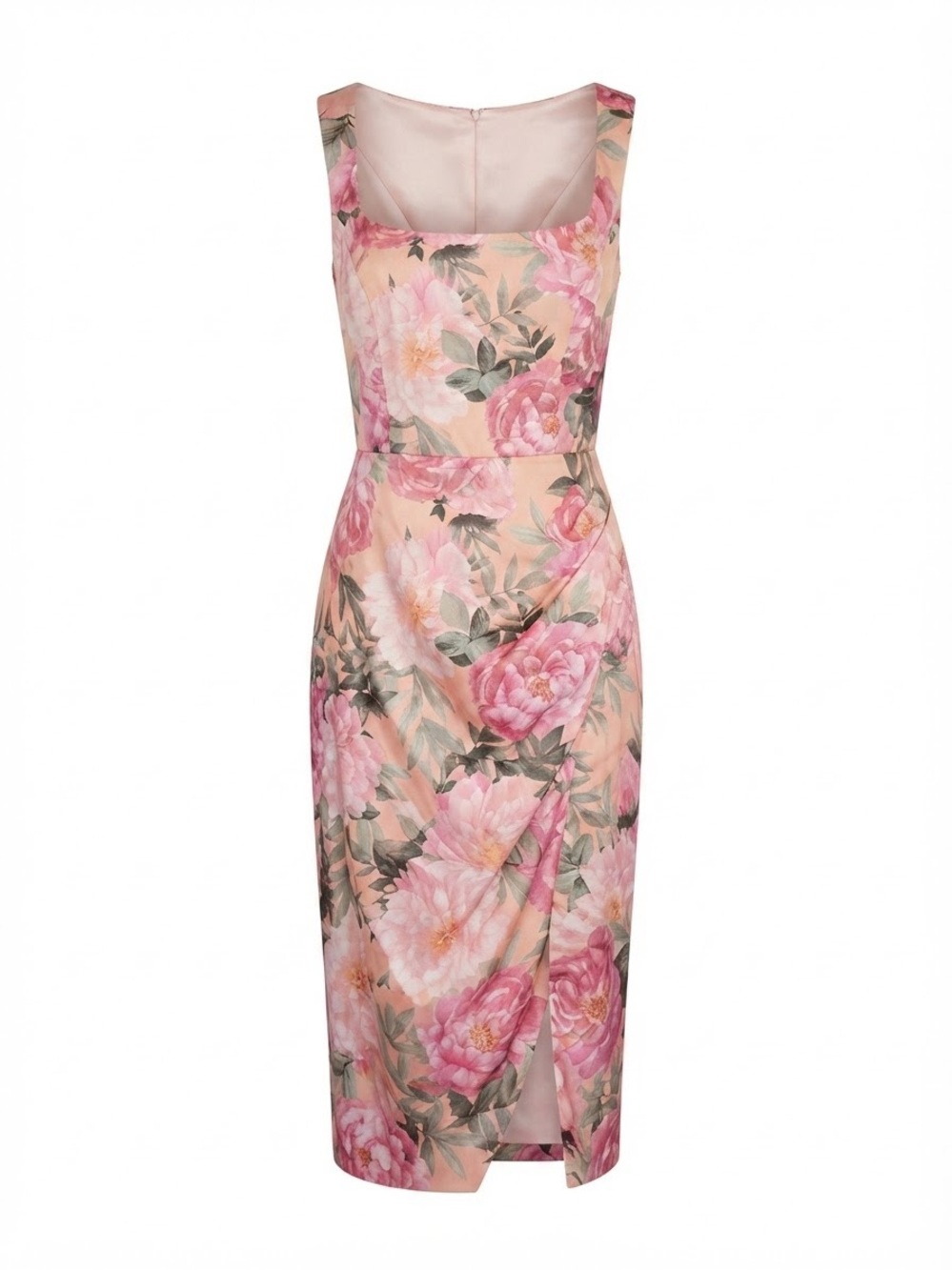Premier Pink Floral Midi Dress with Square Neck